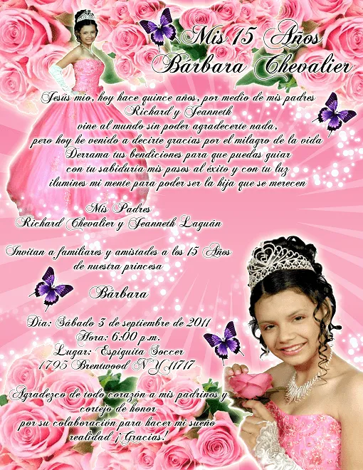Invitación 15 Años en color rosa, rosas y mariposas ~ Artes DaVinci