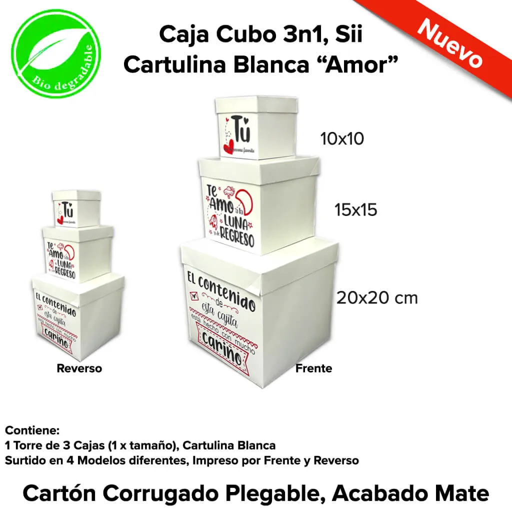 ✓ Caja Cubo 3n1, Sii Cartulina Blanca “Amor” – ✓ BolsaDeRegalo.com