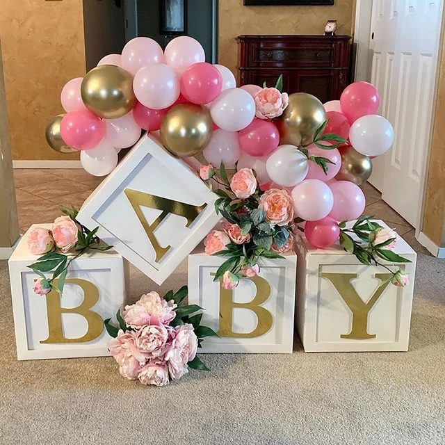 Caja de globos de bebé con letras doradas y blancas, Decoración de  cumpleaños, cubo, decoración para Baby Shower y boda, A-Z - AliExpress