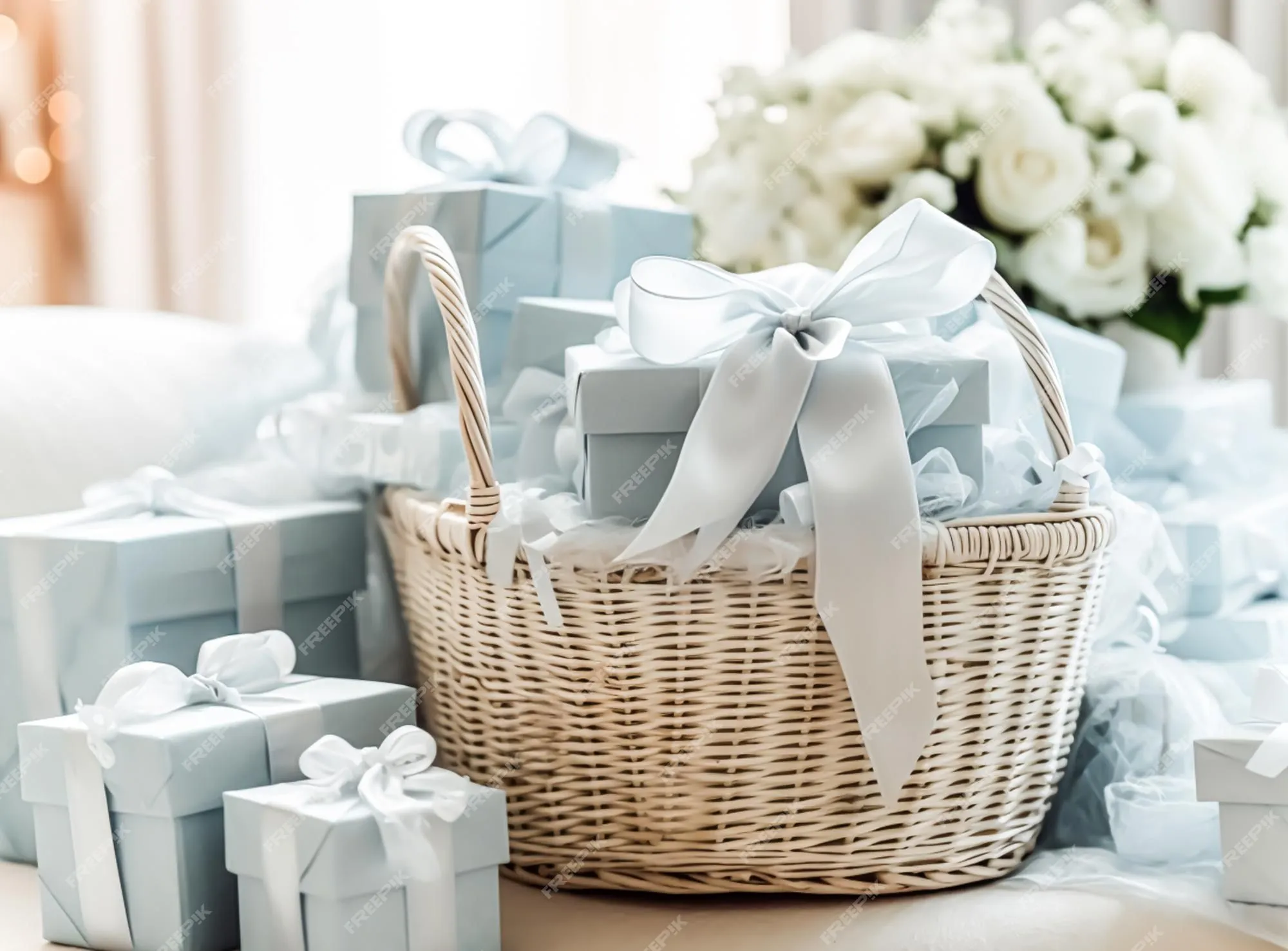 Cajas de regalo azul pálido y canasta de regalos para un baby shower de  niño ia generativa | Foto Premium