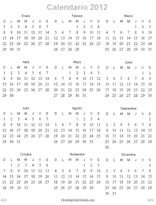 Calendario 2012 - Para Imprimir Gratis - ParaImprimirGratis.com