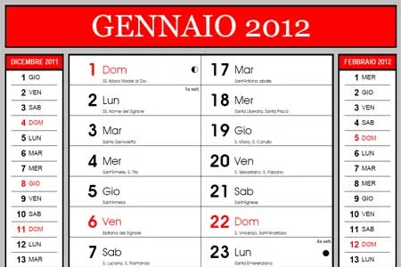 Calendario 2012 con santi, festività e Fasi Lunari
