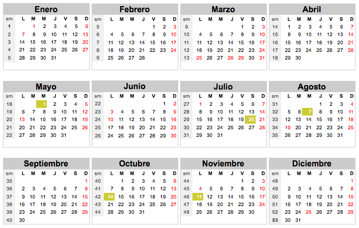 Calendario 2014 con festivos de Colombia - Imagui