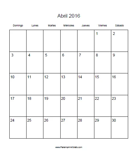 Calendario Abril 2016 - Para Imprimir Gratis - ParaImprimirGratis.com