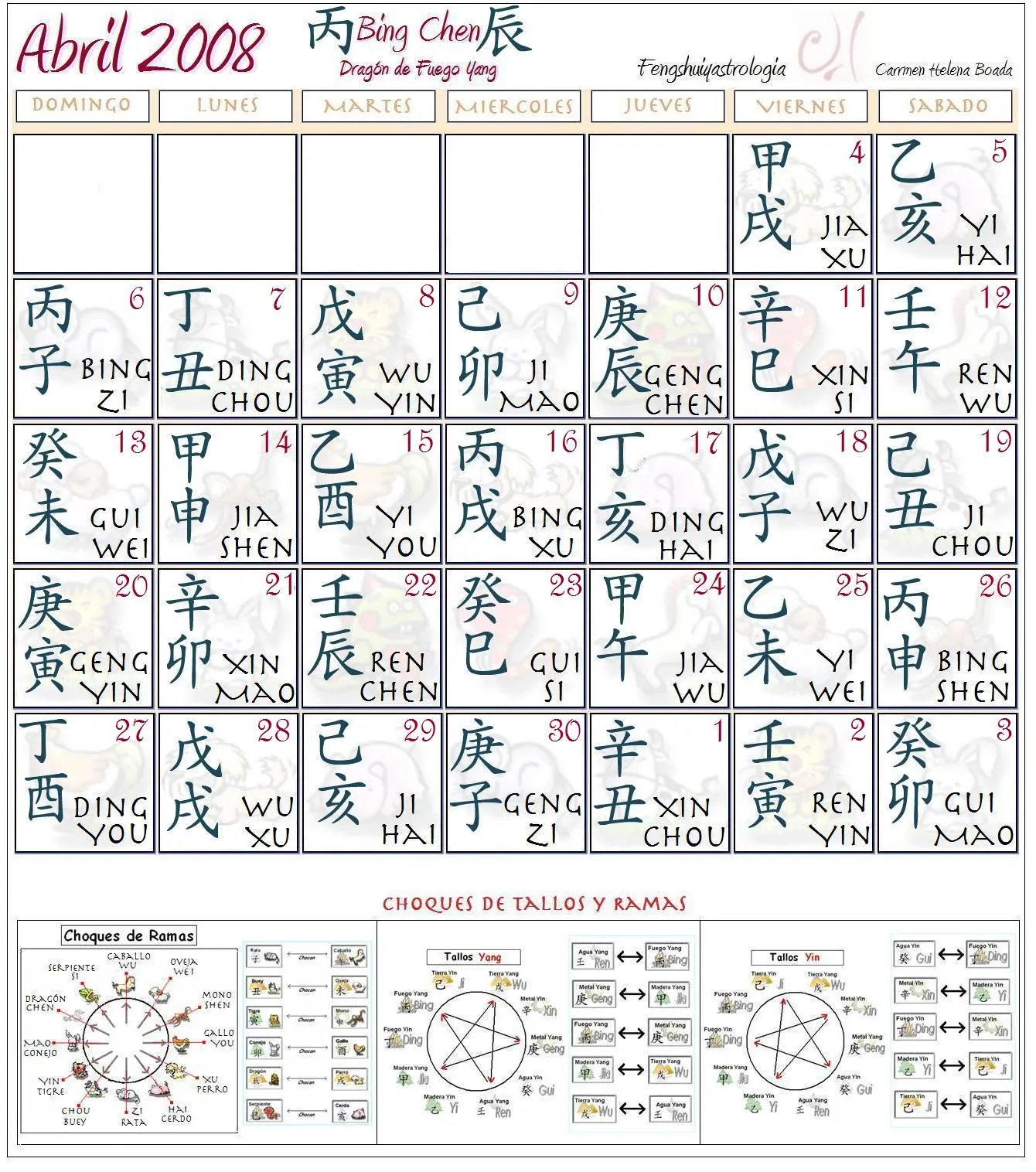 Calendario Chino Abril 2008 para Imprimir | Astrología China BaZi