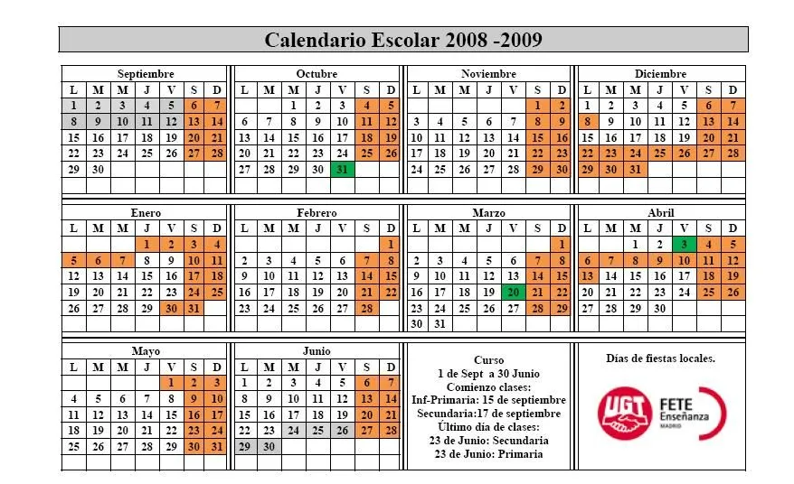 Calendario escolar 2008-2009 Comunidad de Madrid | JUVENTUD FETE ...