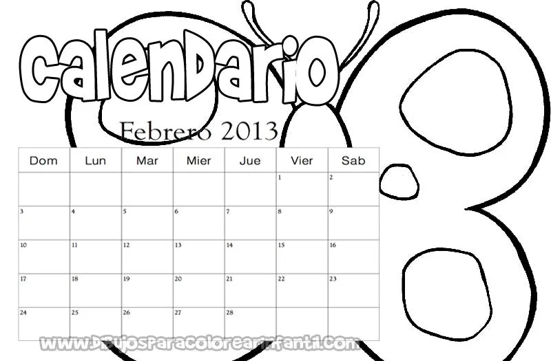 Calendario Febrero 2013 para colorear
