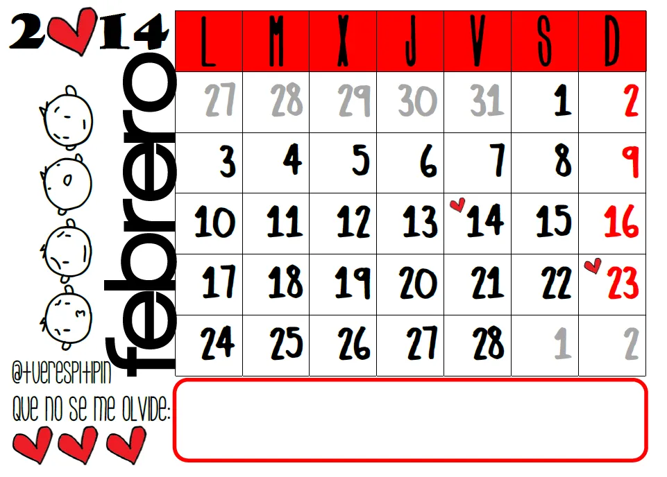 Calendario de febrero 2014 {listo para imprimir} Calendario de febrero 2014 {listo para imprimir}