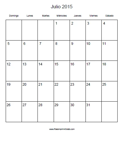 Calendario Julio 2015 - Para Imprimir Gratis - ParaImprimirGratis.com