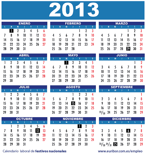 El calendario laboral de 2013 fija ocho fiestas nacionales