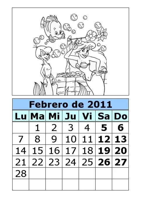 Calendario Mes de Febrero 2011 para colorear