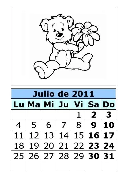 Calendario Mes de Julio 2011 para colorear