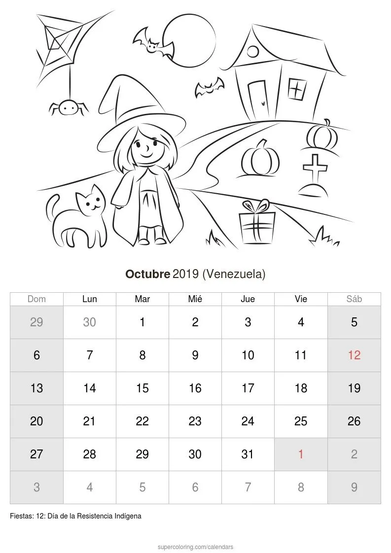 Calendario Octubre 2019 para imprimir (Venezuela)