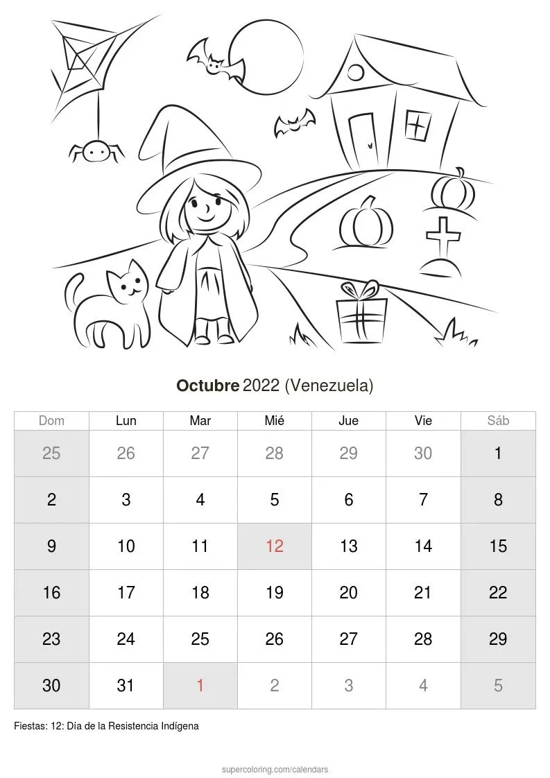 Calendario Octubre 2022 para imprimir (Venezuela)