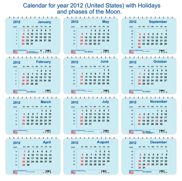 calendario de vector de 2012 con las fases de la luna, numeración ...
