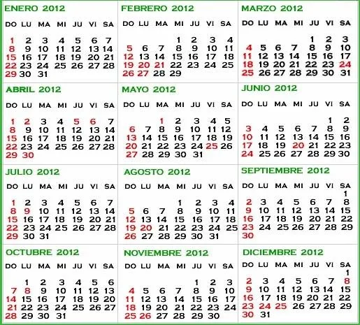 Calendario 2012 feriados Perú para imprimir - Imagui