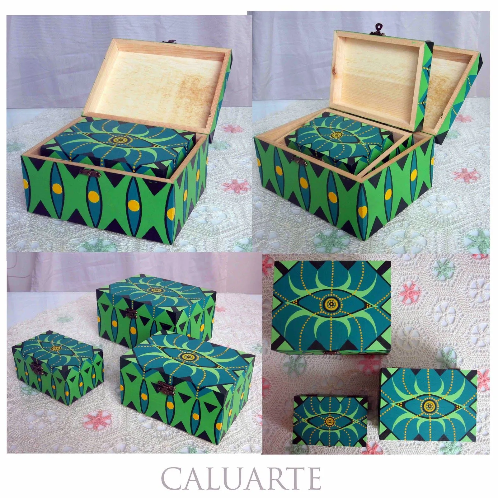 Caluarte: Conjunto de cajas de madera pintadas a mano.