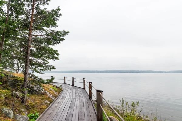 camino de madera sobre una orilla del lago — Foto stock ...
