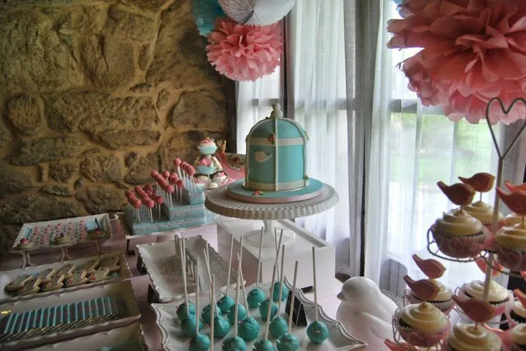 Candy bar in soft pink and blue. Little birds and birdcage fondant ...
