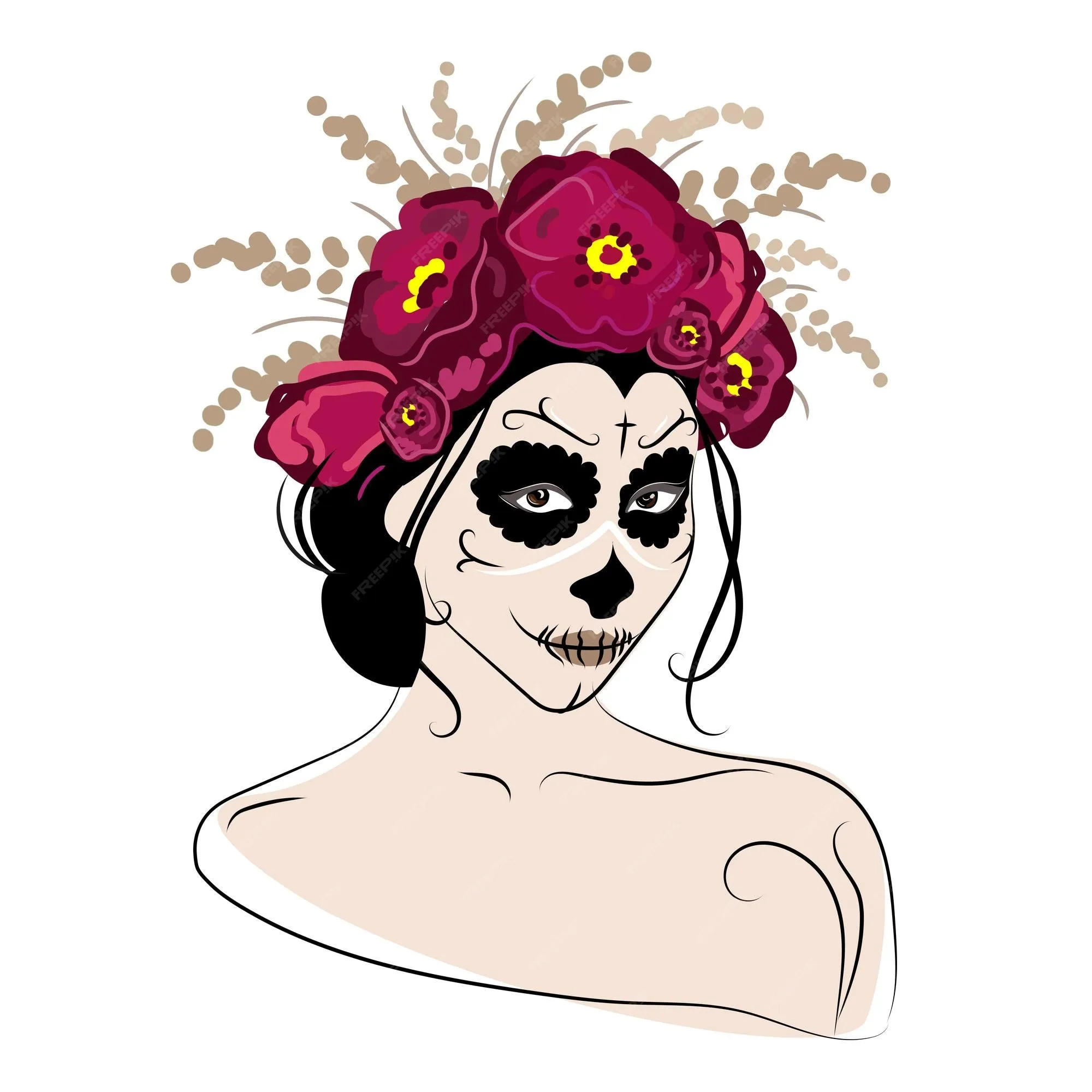 Cara de mujer con calavera catrina maquillaje y corona de flores en la  cabeza.dia de los muertos,día de los muertos | Vector Premium