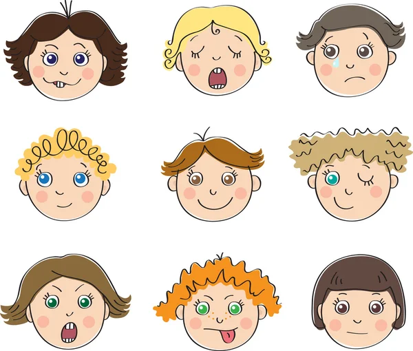 Caras de nueve niños con diferentes Estados de ánimo — Vector ...