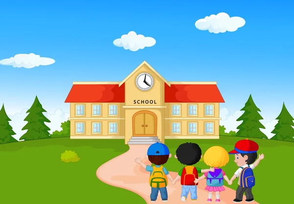 Caricatura de niños felices caminando juntos a la escuela — Vector ...