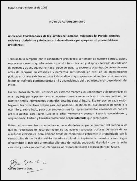 Carta de Agradecimiento de Dr. Carlos Gaviria Diaz | El Payanes