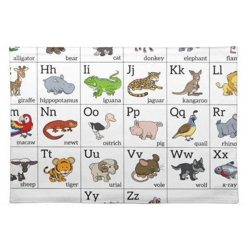 Carta animal del alfabeto del dibujo animado mantel individual ...