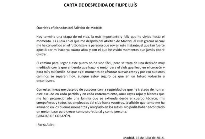 La carta de despedida de Filipe Luis del Atlético de Madrid | Liga ...