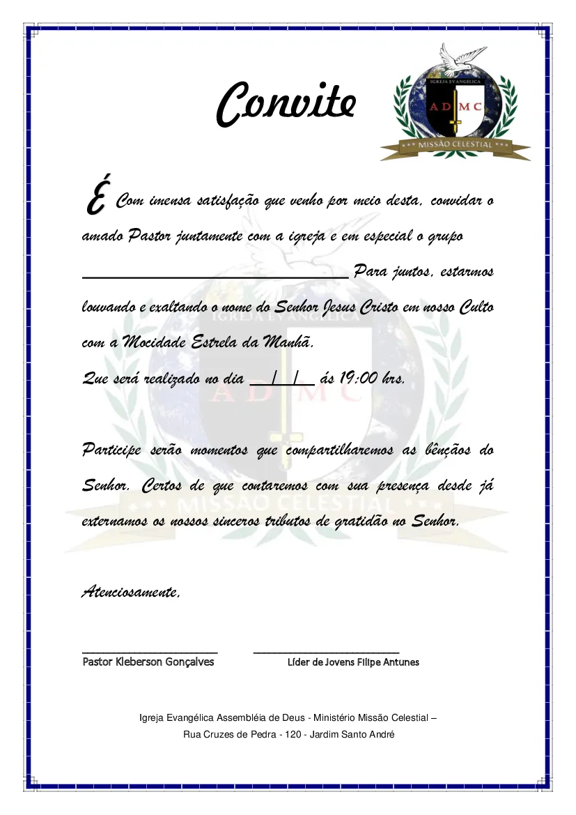 Carta para igreja - Mocidade - Baixar pdf de Doceru.com