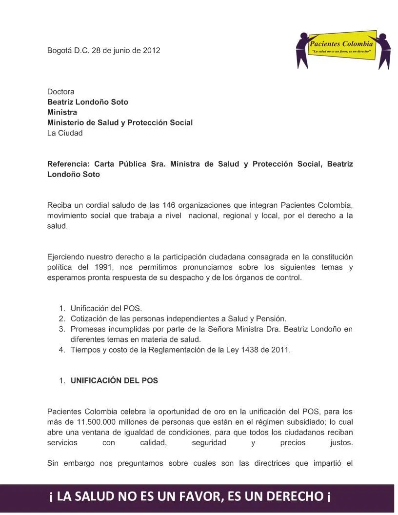Carta de los Voceros de Pacientes Colombia a la Ministra Beatriz ... Carta de los Voceros de Pacientes Colombia a la Ministra Beatriz ...