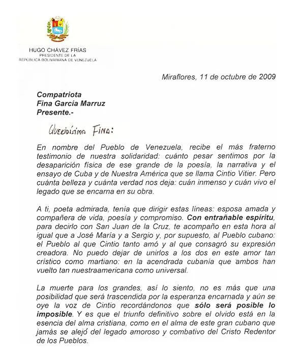 Envía Presidente Chávez carta de condolencia a Fina García Marruz ...