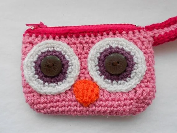 Cartera monedero búho rosado crochet tejido ganchillo por Lacebox