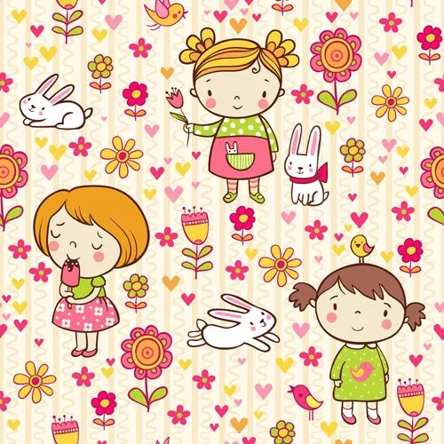 Cartoon kids with floral seamless pattern vector 01 - Vector ...