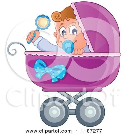 Cartoon of a Baby Girl Waving a Rattle in a Pink Pram - Royalty ...