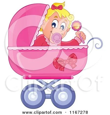 Cartoon of a Baby Girl Waving a Rattle in a Pink Pram Border ...