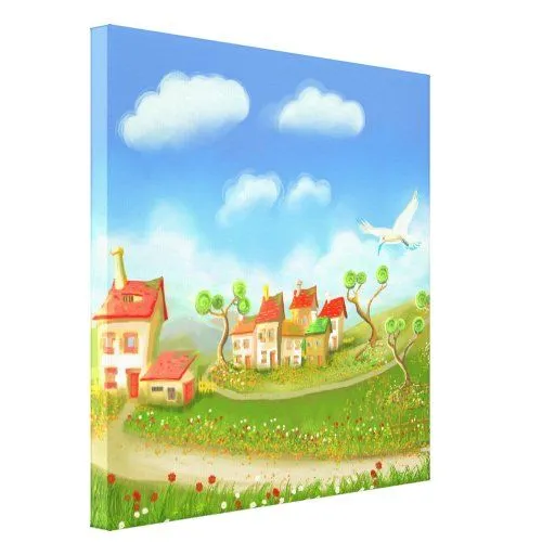 casa del dibujo animado en paisaje verde impresion de lienzo | Zazzle