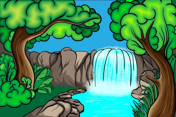 cascada de estilo de dibujos animados en el bosque — Vector stock ...