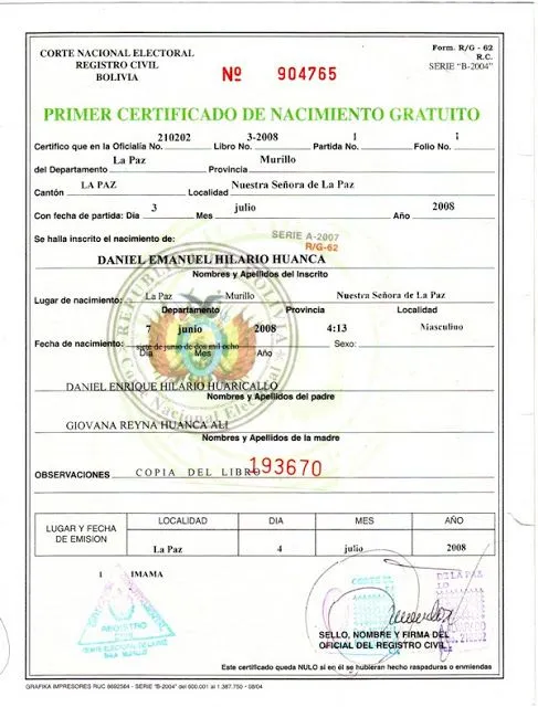 Certificado de nacimiento bolivia en blanco - Imagui