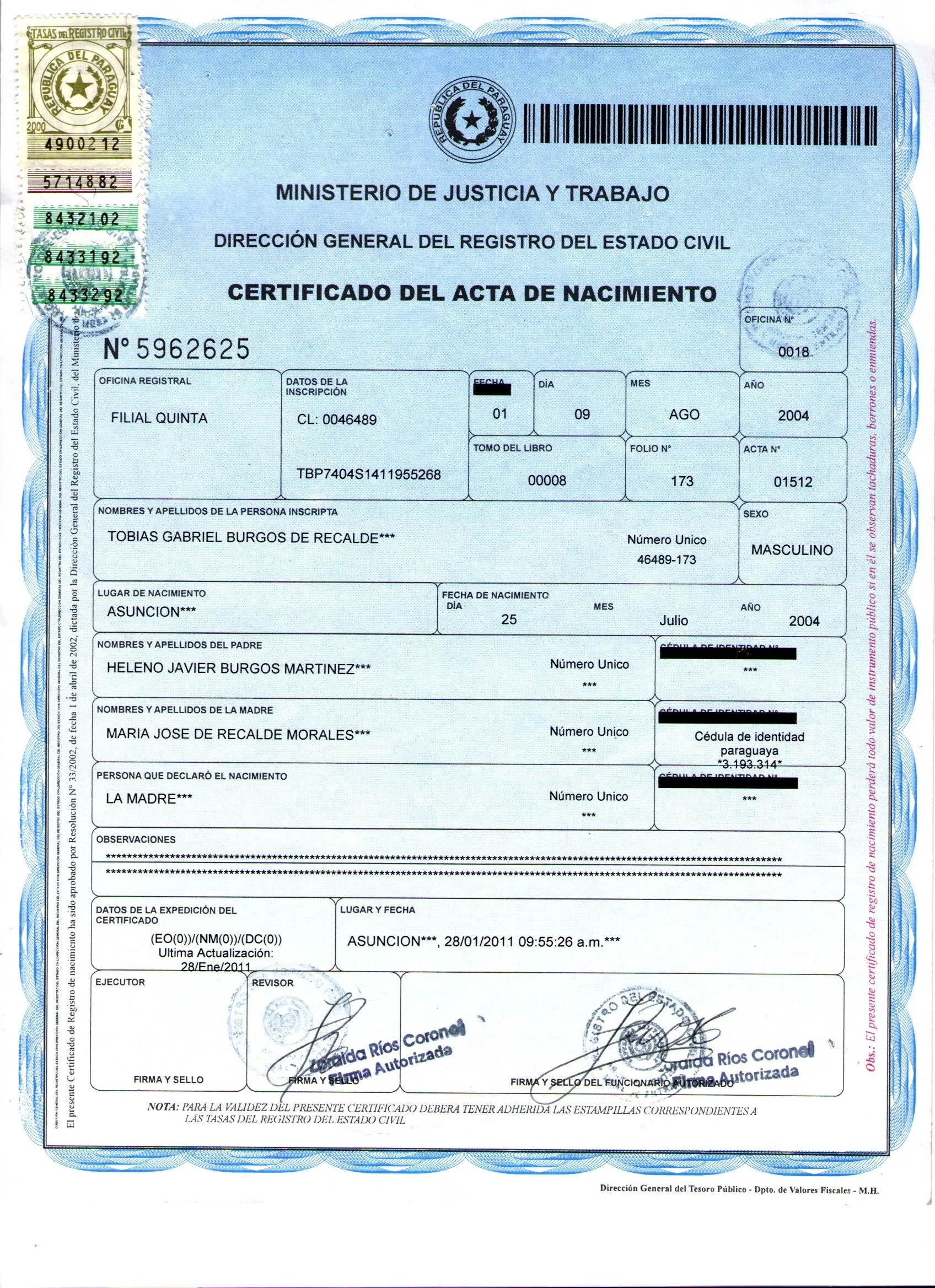 Certificado de Nacimiento | Consulado del Paraguay en Cordoba