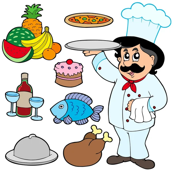 Chef de dibujos animados con varias comidas — Vector stock ...
