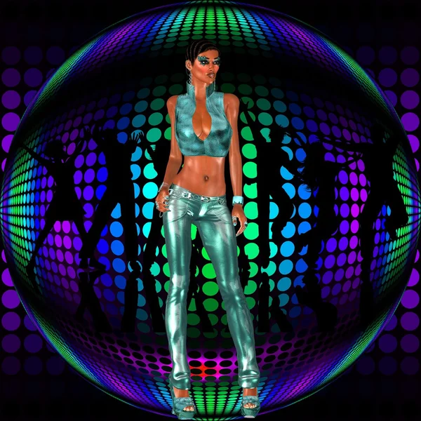 Chica sexy club frente a una bola de baile disco retro con silueta ...