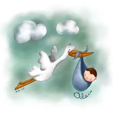 cigüeña volando con bebé