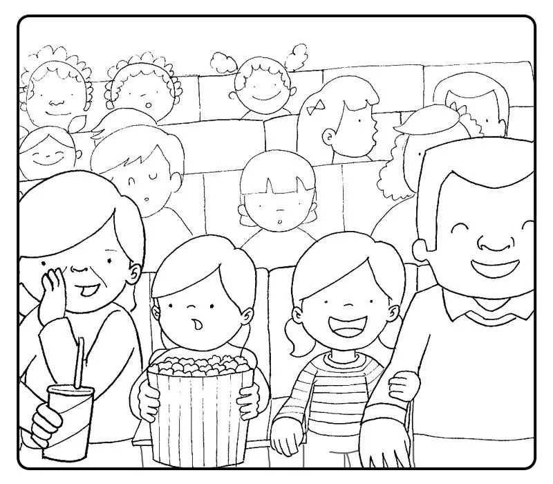 Dibujos con niños: Colorear abuelos en el cine con sus nietos Dibujos con niños: Colorear abuelos en el cine con sus nietos