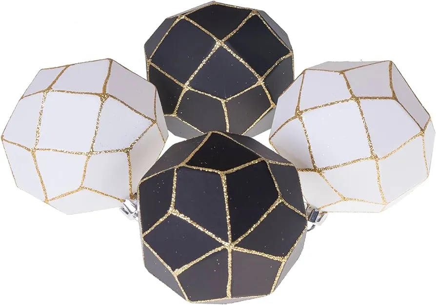 Clever Creations - Juego de bolas decorativas de Navidad, color blanco y  negro con purpurina dorada, 4