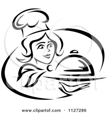 Clipart Black And White Chef Serving A Platter - Royalty Free ...