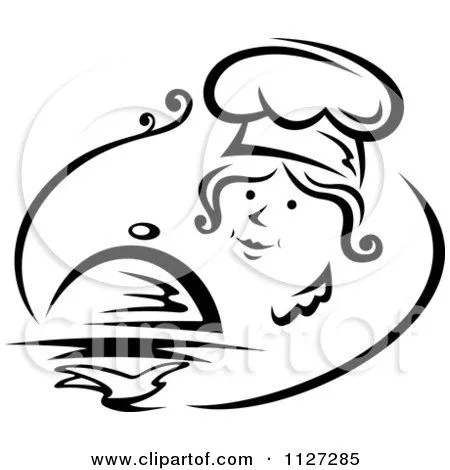 Clipart Of A Black And White Pleasant Female Chef Serving A Cloche ...
