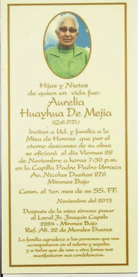 CLUB SOCIAL CHACHAS: Misa de Honras de quien en vida fue Aurelia ...