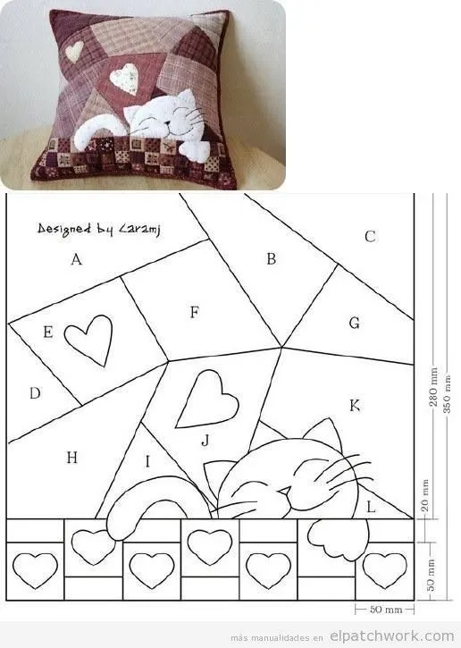 Cojín de patchwork con dibujo de gato, patrón gratis • El Patchwork