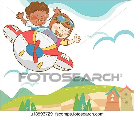 Colección de ilustraciones - dos niños, vuelo, en, un, avión ...